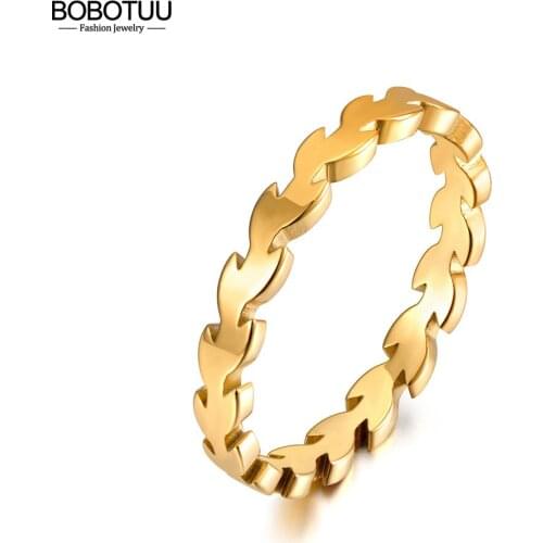 BOBOTUU Trendy Titanium Stainless Steel Sapling Shape Party Ring Original Design Office Ring Jewelry For Women Girls BR20056