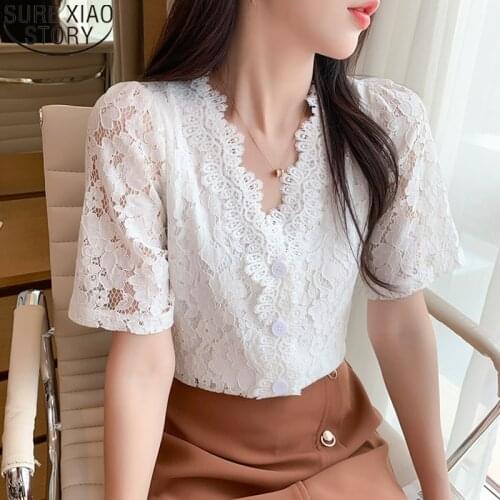 New Vintage Short Sleeve Womens Shirt Korean Chic Crochet Lace Chiffon Blouse 2021 Summer V-neck Solid Ladies Tops blusas 14436