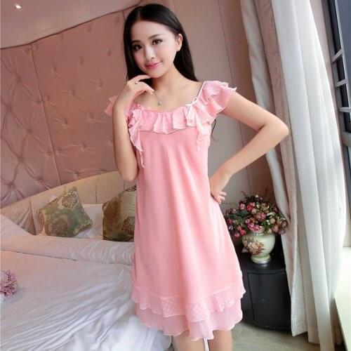 Summer New Womens Nightdress Sexy Nightgown & Sleepstirts Thin Ice Silk Home Skirt Chiffon Nightwear Knee-Length Sleepwear