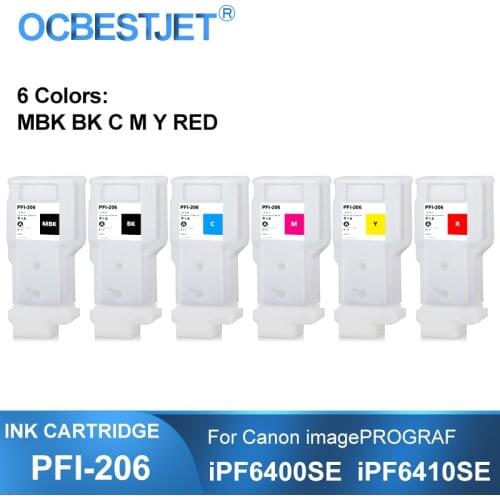 PFI-206 PFI206 Refillable Ink Cartridge With Permanent Chips For Canon imagePROGRAF iPF6400SE iPF6410SE 6Colors/Set 300ML