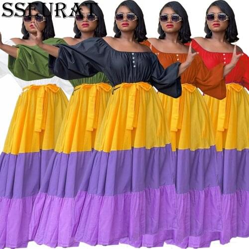 SSEURAT Women Dress Full Puff Sleeve Off Shoulder Button Bandage Sashes Loose Maxi Long A-line Dresses Fashion Outfit Autumn