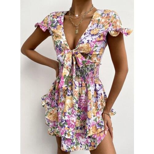 Plus Size Floral Dress For Women Summer 2021 European American Style Sexy Bow Deep V Neck Ruffle Short Sleeve Mini Dress D300