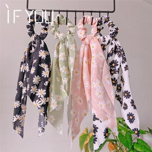 Bohemian Daisy Flower Scrunchies Long Hair Ribbon Elastic Hair Bands Ponytail Holder Women Hair Accessories