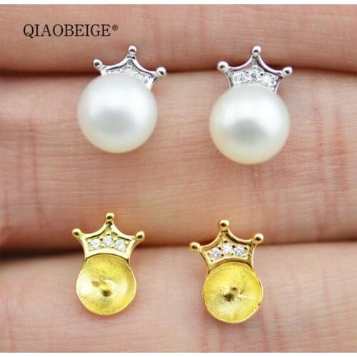 QIAOBEIGE diy earrings small pearls jewelry making findings crown style 925 silver earrings woman gold color & silver color girl