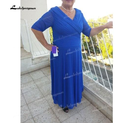 Three Quarter V Neck Chiffon Plus Size Pleats Floor-Length Mother Of The Bride Dresses Vintage Formal Dress for Wedding Party