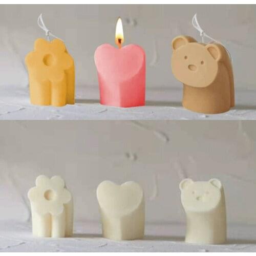 3 Rainbow Bear Love Flowers Silicone Candle Mold for DIY Aromatherapy Candle Plaster Ornaments Handicrafts Irregular Mould Tool