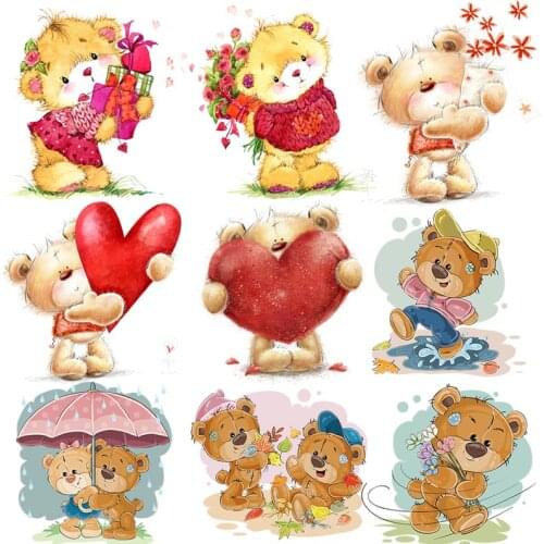 Cartoon Bear Animal Iron On Transfers Patches For Clothing Cute Small Animal Thermo-stickers On Clothes Applique Stripes