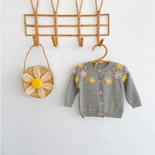 2021 Autumn New Baby Girl Knit Sweater Flower Embroidered Cardigan For Girls Kids Long Sleeve Sweater Single Breasted Jacket