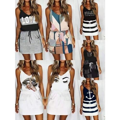 Women Drawstring Stripe Dress With Pocket Lady Fashion Summer Sleeveless Casual Letter Anchor Print Dress S-3XL