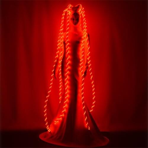 KS7 Female dance led costumes RGB colorful led light evening dress catwalk show long skirt luminous hairs party wear clothing