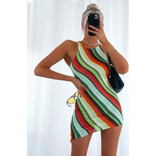 Fashion Slim Sleeveless Summer Dress Striped O Neck Irregular Bodycon Dresses Mini Office Lady Sexy Vestidos Mujer 3 Colors