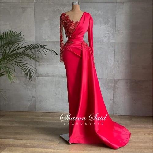 Elegant Red Mermaid Dubai Evening Dress for Women Wedding Party Gowns Long Sleeve V-Neck Beaded Overskirt Formal Prom Dresses