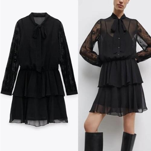 2021 ZA Transparent Lace Long Sleeve Dress Women Ruffle Bow Elastic Waist Vintage Dresses Chic Flounced Hem Lining Vestido