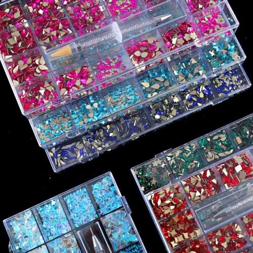 1 Box Nail Rhinestones 1pc Dotting Wax Pen Flatback Crystal Multi-Shape Accessories Nail Art Decoration Glass Stones ST8-GS