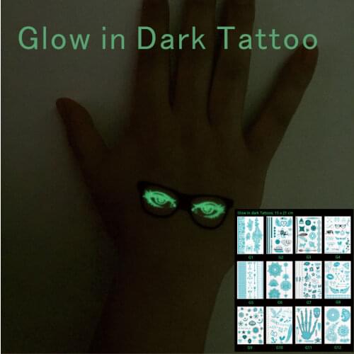 1 PC Glow in Dark Tattoos with noctilucence Flower Wings Arrow Star Kiss Skull Temporary Inspired Body Tattoos Stickers