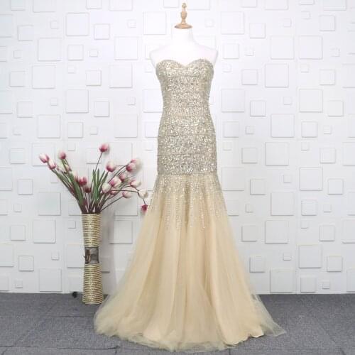 2021 Champange Crystal Beads Evening Dresses Mermaid Sweetheart Floor Length Evening Gowns for Women
