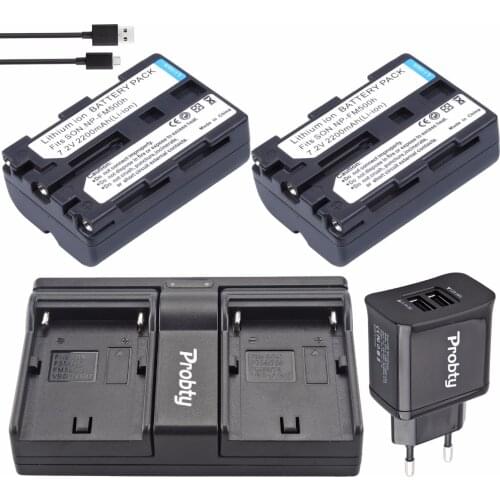 2pcs Probty NP-FM500H FM500H Camera Battery + USB Dual Charger +2-Port Plug For Sony A57 A65 A77 A99 A350 A550 A580 A900