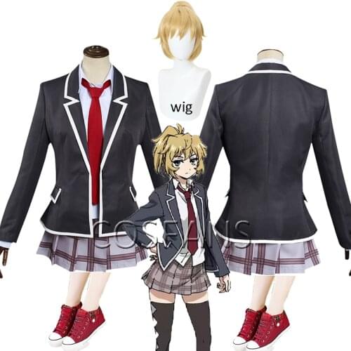 Anime Tenkuu Shinpan High-Rise Invasion Cosplay Mayuko Nise Uniform Dress Stockings Suit Halloween Carnival Costume Wig shoes