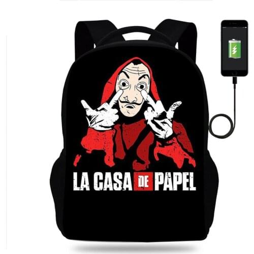 La Casa De Papel Money Heist House of Paper Kids Backpack School Bag Men Women Rucksack Teens USB Travel Knapsack Mochila
