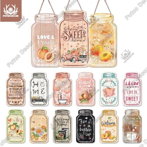 Putuo Decor Peach Plaques Mason Jar Shaped Wood Signs Sweet Fruits Hanging Plaque for Home Decoration Kitchen Wall Decor