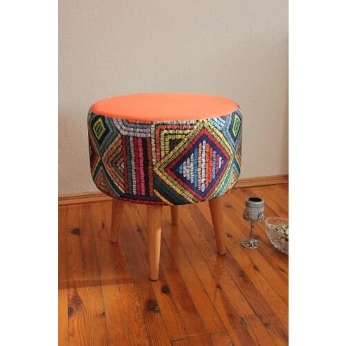 Beech Retro Wood Legs Decorative Ethnic Top Tile Pattern Cylindrical Puff Bench Seat Chair