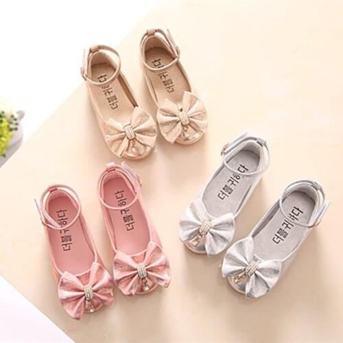 Children Princes leather shoes Kids Girls Wedding dress Shoes Flat fashion bow Dress Shoes Bowtie Gold Shoes For Girls XZ19086