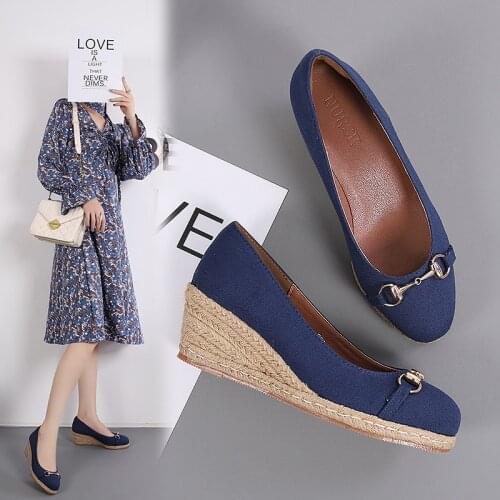 Espadrilles Womens Wedge Sandals 2021 Spring Autumn New Metal Button High Thick-heeled Platform Shoes Womens Straw Woven