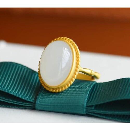 Natural Hetian chalcedony oval opening adjustable ring Chinese unique ancient gold craft cool wind charm womens jewelry