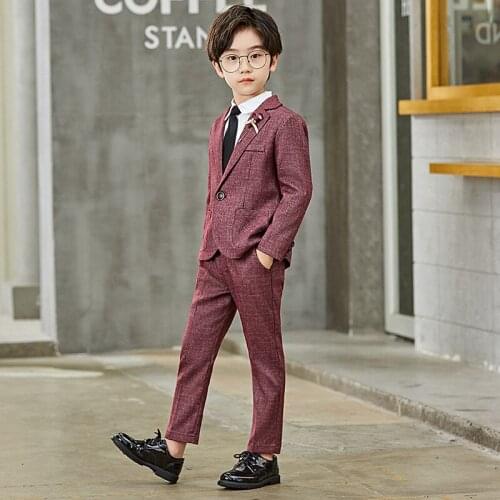 Autumn Children Korean Pure Color Suit Set New Boy Flower Wedding Host Performance Costume Kids Blazer Pants Tie Clothes Set