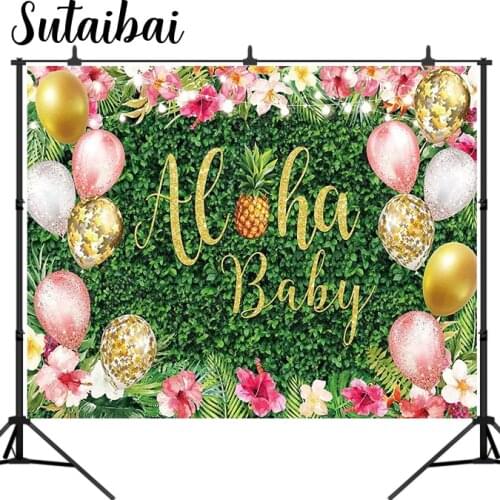 Summer Aloha Baby Shower Party Backdrop Tropical Luau Photography Background Floral Balloons Green Grass Lawn Decoration Banner