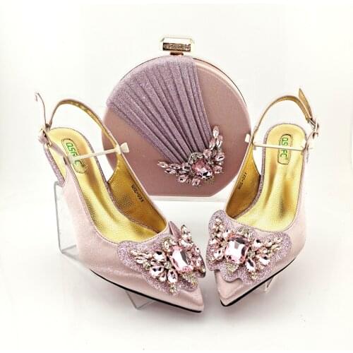 Nigerian Hot Selling Italian Design Pink Color Women Shoes and Bag Set With Butterfly-Kond Style Colorful Crystal Decoration