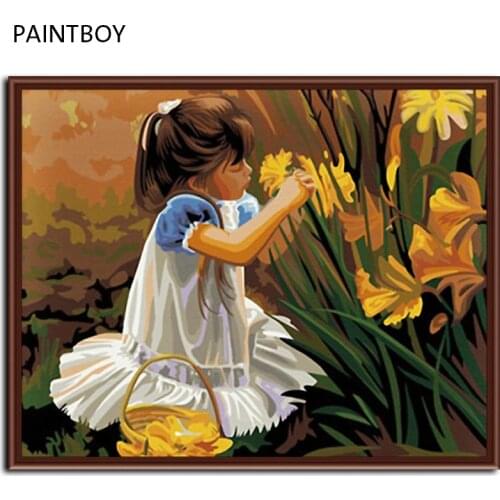 DIY Digital Canvas Frameless Pictures Painting By Numbers Home Decor For Living Room Of Little Girl Pick Up Flower G014