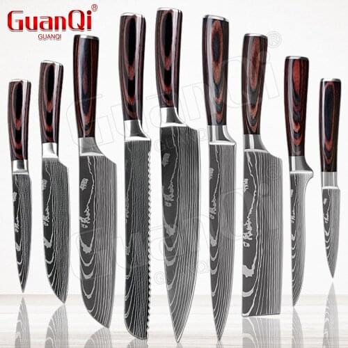 GuanQi Stainless Steel Chef Kitchen Knife Sets Damascus Steel Kitchen Chef Knives Laser Damascus Pattern Cleaver Kitchen Knifes