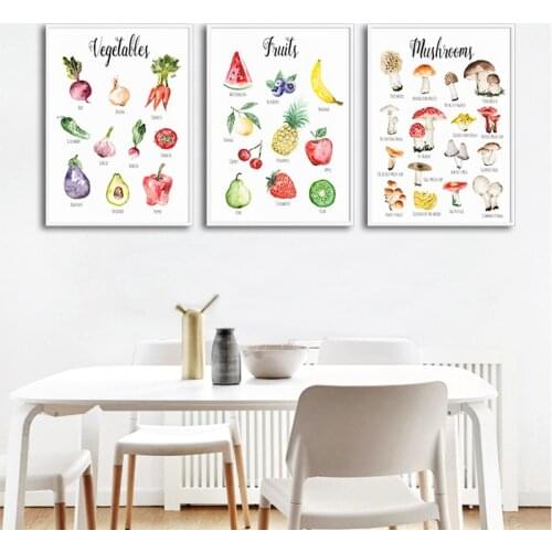 Fruit Vegetable Mushroom Chart Kitchen Food Poster Canvas Print Education Learning Wall Painting Nursery Art Picture Home Decor