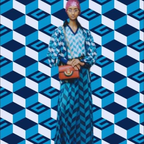 Polyester stretch satin fabric European brand G series blue geometric pattern digital printing skirt shirt sewing fabric