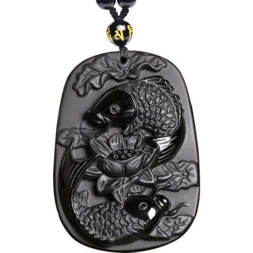 Drop Shipping Fine Carving Obsidian Two Fish and Lotus Black Obsdian Necklace Pendant Mens Jewelry Healing Reiki Gift Energy