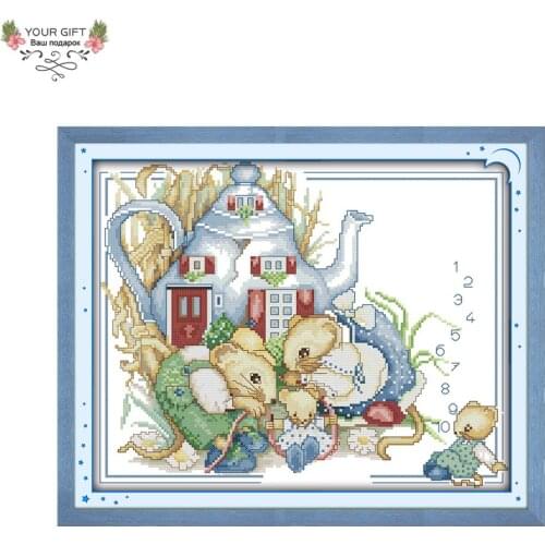 Joy Sunday Mouse Family Home Decor C494 Counted Stamped Animal Needlework Needlepoint Embroidery DIY Cross Stitch kit