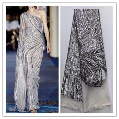 Romantic L-8514 french net lace for evening dress/fashion show embroidery tull net lace fabric with sequins