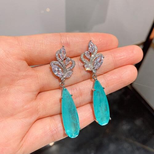 Luxury Pear Shape Lab Diamond 10*30mm Emerald Paraiba Tourmaline stone Drop Earrings Cocktial Party Jewelry Elegant Women Gift