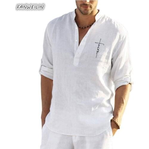 Autumn Letter Printed Casual Stand Collar Pullover White Shirts Men Long Sleeve Linen Shirt Mens Oversized Tops Chemise Nlanche