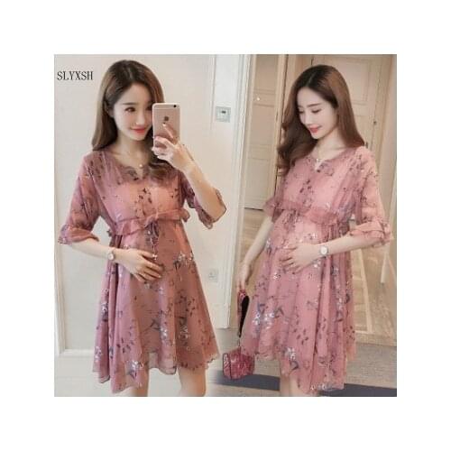 SLYXSH Printed chiffon Maternity Dress 2018 summer v-neck Maternity Clothes for Pregnant Women Pregnancy Clothing