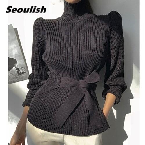 Seoulish Autumn Winter Thicking Women Sweater Lace Up Long Sleeve Turtleneck Sweaters Elegant Pullovers Female Tops 2021 New