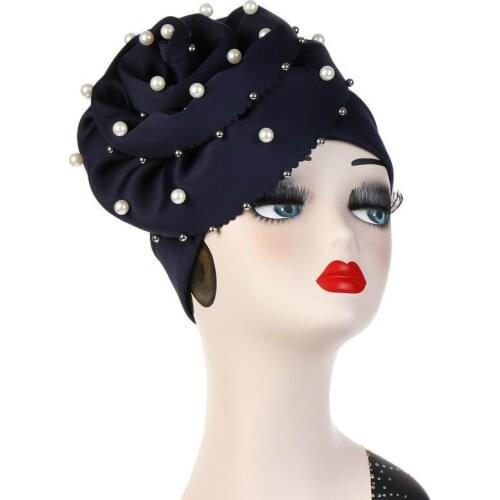 Pearls Beaded Party Turban Hijab Cap Women Big Elastic Hair Loss Bandanas Muslim Head Wrap Elegant Hair Accessories