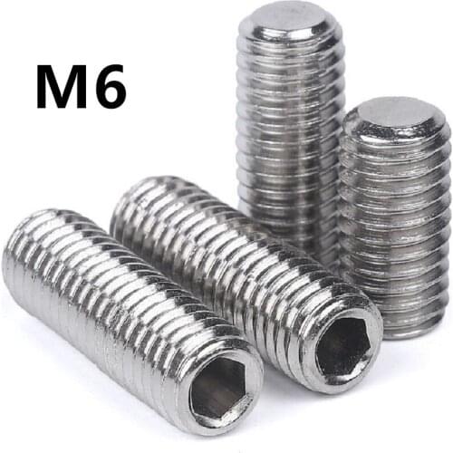100PCS M6x5/6/8/10/12/16/20/25mm 304Stainless Steel Thread Grub Screws Flat Point Hexagon Socket Set Screws Headless DIN913 GB77