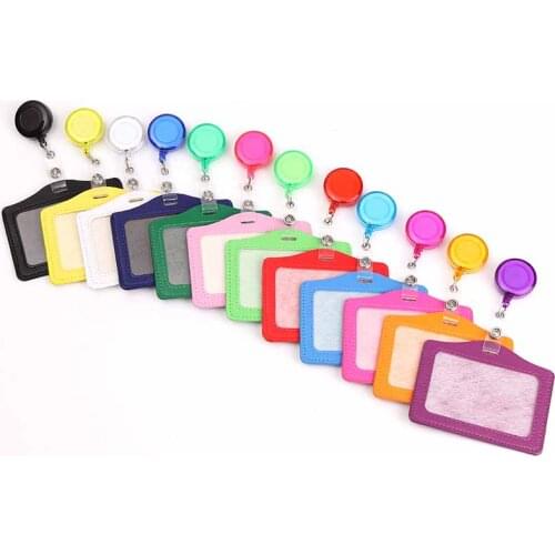 Candy Color 1 Piece PU Leather ID Card Holder With Retractable Badge Holder Clip Nurse Worker Students Name Card Holder Lanyard