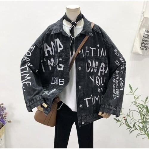 Harajuku Vintage Letters Embroidered Womens Washed Blue Denim Jacket Spring 2020 Korean Oversized Long sleeve Casual Female Coat