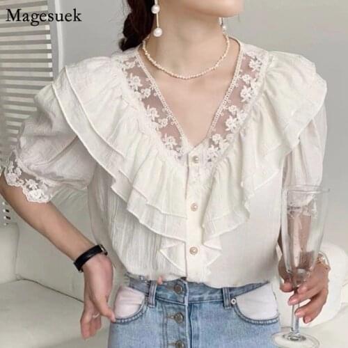 Korean Chic Embroidery Lace Women Blouses Summer V-neck Puff Short Sleeve Shirts Ruffled Elegant Slim Loose Blouse Tops 13762