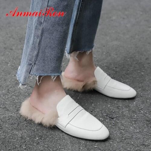 ANMAIRON 2020 Genuine Leather Furry Slippers Wool Mules Shoes Women Winter Outside Square HeelLuxury Slippers Women Size 34-40