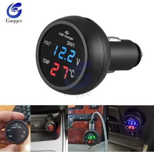 12V/24V Digital Car Voltage Meter Monitor 3 in 1 LED USB Car Charger Voltmeter Thermometer Car Battery Monitor LCD Dual Display
