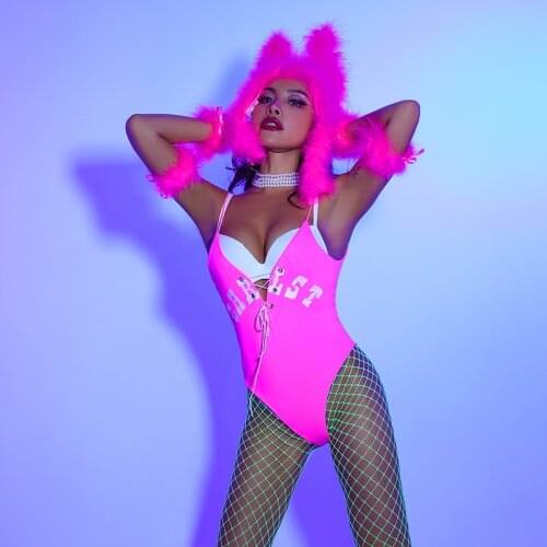 2021 Sexy Pink Bodysuit Women Gogo Dance Costumes Nightclub Bar DJ DS Rave Clothes Pole Dance Clothing Performance Wear DQS6609